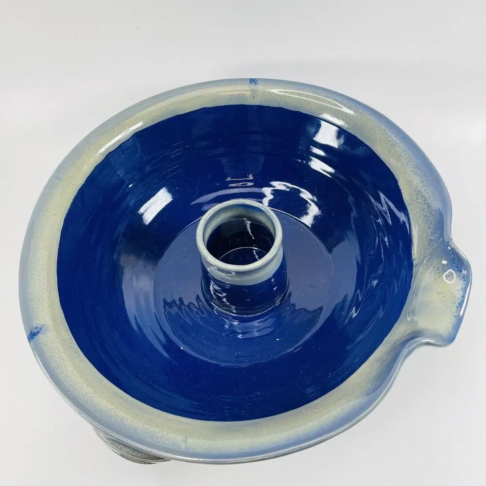 Tumbleweed Pottery Handmade Blue Glazed Ceramic Bundt Pan Chicken Roaster